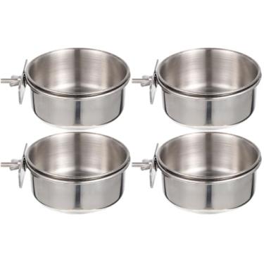 Imagem de Yardwe Copos de alimentação de papagaio, 4 peças de alimentador de pássaros de aço inoxidável com braçadeira, acessório para gaiola de pássaros, prato de comida para calopsita, periquito, periquito