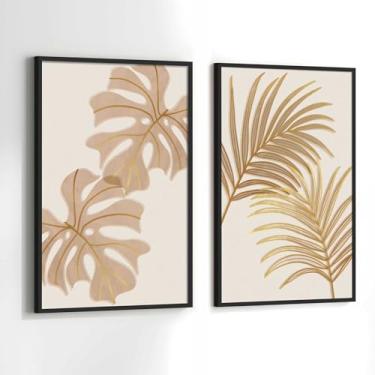 Imagem de Quadros Decorativos com Moldura Folhas Marrom Bege Dourada Sala Quarto Kit Conjunto 2