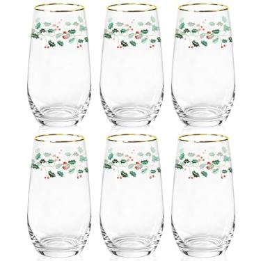 Imagem de Icesip Conjunto de 6 copos de Natal, 510 g, com aro dourado, azevinho, copo de vidro, copo de cristal alto, conjunto de bebidas para festas de fim de ano, utensílios de jantar de inverno