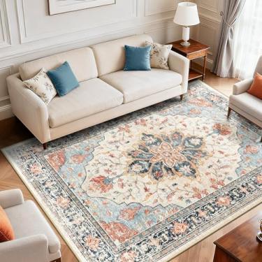 Imagem de RELEANY Area Rugs 1,8 m x 2,5 m lavável aspirador de pó, antiderrapante, floral, vintage, estampa de angústia, tapete medalhão para sala de estar, quarto, bege, azul marinho, laranja, colorido