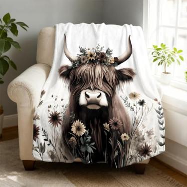 Imagem de Cobertor de lã com estampa floral de vaca 152 x 203 cm para sofá cama, cobertor de flanela de microfibra super macio e aconchegante leve para mulheres, homens e crianças