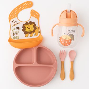 Imagem de Kit Alimentação para Bebê Prato com divisórias Antiderrapante + Talheres + Garrafa Squeeze + Babador Plástico