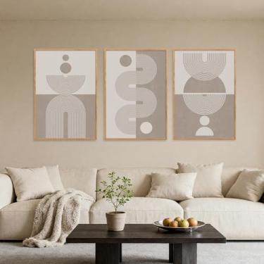 Imagem de SIWECUS Conjunto de 3 arte de parede neutra bege, decoração de parede em tela emoldurada boho, arte moderna de meados do século, impressão de arte abstrata geométrica boêmia para sala de estar, quarto