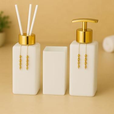 Imagem de Kit Lavabo Banheiro Luxo Square com Difusor, Sabonete Líquido e Porta Escova de Vidro(Branco Total C/Dourado)