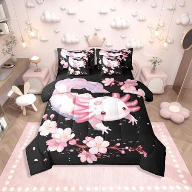 Imagem de Erosebridal Jogo de cama solteiro com desenho de axolotl preto e rosa, 7 peças, flores de cerejeira, salamandra, com lençol com estampa floral, oceano, animal em uma bolsa, para crianças, adolescentes