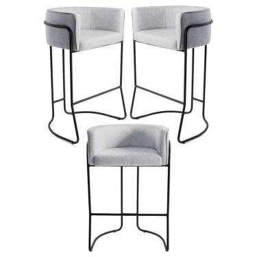 Imagem de Kit 3 Banquetas Decorativas Base Aço Preto Betina Linho D-315 Cinza - Domi