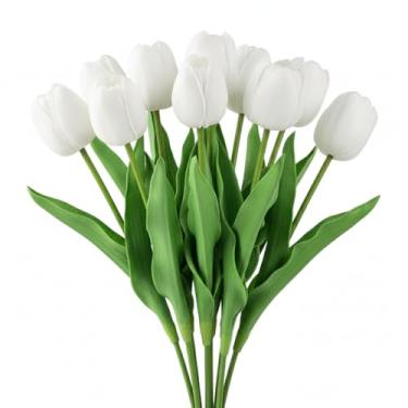 Imagem de Floral Kingdom Tulipas artificiais, 10 hastes, branco, 50 cm, flores de látex de toque real para decoração de casa e casamento