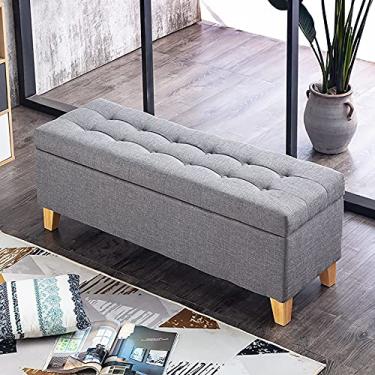 Imagem de FAMEOYA Banco moderno para o canto da cama para sala de estar, quarto, sofá estofado de linho, banco otomano, banco para troca de sapatos de entrada com armazenamento - cinza 60 x 40 x 45 cm (24 x 16