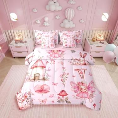 Imagem de Erosebridal Jogo de cama solteiro de jardim de fadas rosa com estampa floral de cogumelo, 7 peças, para meninas e crianças, lençol com elástico + lençol de cima