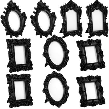 Imagem de Maitys 10 peças de mini molduras vintage pequenas fotos antigas barrocas ornamentadas resina oval moldura superior de mesa para decoração de casamento em casa (preto)