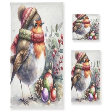 Imagem de Qilmy Conjunto de toalhas de pássaro Robin de Natal de 3 peças, conjunto de toalhas decorativas de banheiro macias absorventes com toalha de banho, toalha de mão e toalha de banho