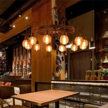 Imagem de Lustre preto grande com 12 lâmpadas, estilo fazenda, metal retrô, luminária pendente redonda de ferro industrial para sala de estar, bar, café, restaurante, hall de entrada, decoração de tet