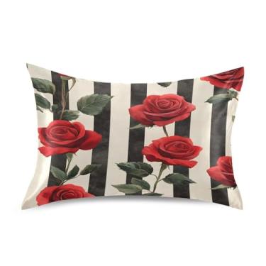 Imagem de JUZIHAI Linda fronha de cetim rosas, fronha de seda suave e fresca, fronha de seda com fecho de envelope macio e respirável para cabelo e pele, tamanho Queen 50,8 x 76,2 cm x 1