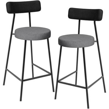 Imagem de Kit 02 Banquetas Baixa Cozinha Jantar Milão L02 Couríssimo Preto Linho Cinza Escuro