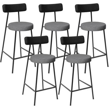 Imagem de Kit 05 Banquetas Baixa Cozinha Jantar Milão L02 Couríssimo Preto Linho Cinza Escuro - Lyam Decor