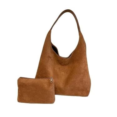 Imagem de Bolsa feminina de camurça com bolso, bolsa de ombro retrô de grande capacidade, bolsa Hobo para trabalho, viagens, compras, Marrom, One Size