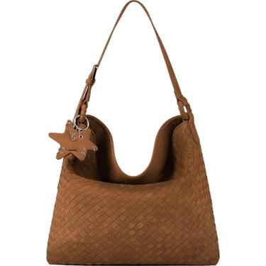 Imagem de Queenoris Bolsa feminina de camurça, alça superior, bolsa de ombro de couro vegano Hobo, Marrom, Camurça