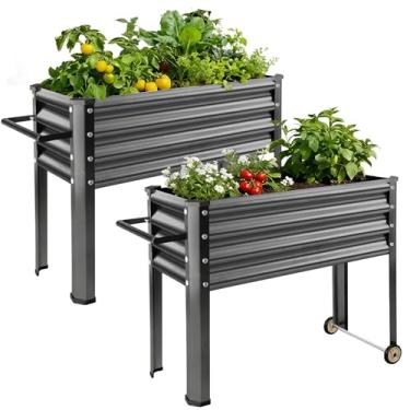 Imagem de Land Guard Pacote com 2 canteiros elevados galvanizados com pernas e rodas, caixa de plantador elevada de metal de 91 × 32 cm para quintal, pátio, varanda, cinza escuro