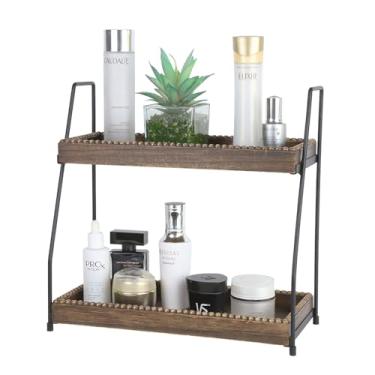 Imagem de Gurfuy Organizador de banheiro com 2 camadas, prateleira de bancada de madeira para maquiagem, perfume, joias, suporte para especiarias, marrom
