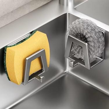 Imagem de 1 gancho autoadesivo para armazenamento de pia, organizador de cozinha de metal para esponja e sabão, prateleira de parede de drenagem de aço carbono para decoração de pia e economia de espaço, cinza