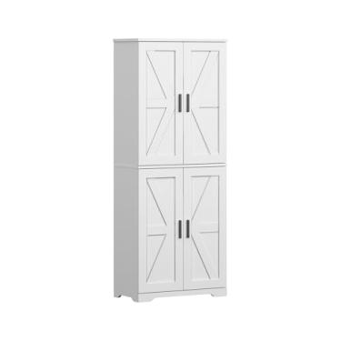 Imagem de Armário de armazenamento de fazenda com 4 portas, armazenamento de despensa de cozinha com 4 prateleiras ajustáveis armário de madeira para cozinha, sala de jantar, sala de estar, banheiro (branco)