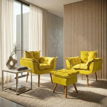 Imagem de Kit 2 Poltronas Decorativa e Puff Para Sala Recepção Manicure Consultório Quarto Closet Alice Tecido Suede (Amarelo)
