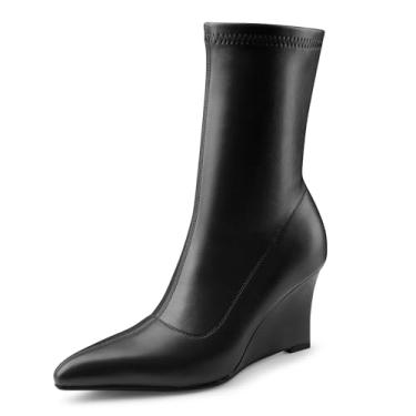 Imagem de Oh Mispares Botas femininas de cano médio, salto cunha, bico fino, zíper lateral, cano curto, bico fechado, vestido de festa, 7,6 cm, Preto, 35
