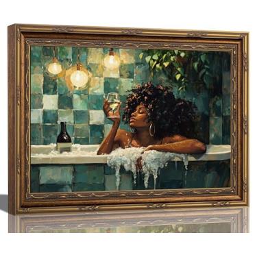 Imagem de Arte de parede emoldurada moderna para banheiro mulheres negras na banheira pôster imagem estética impressões em tela para moda menina banheiro decoração de parede pintura martini 22,8 x 28 cm