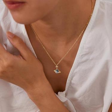 Imagem de Colar feminino com pingente de estrela e lua do universo azul dourado em aço inoxidável redondo planeta corrente ajustável colar delicado aniversário feriado BFF joia 45,7 cm