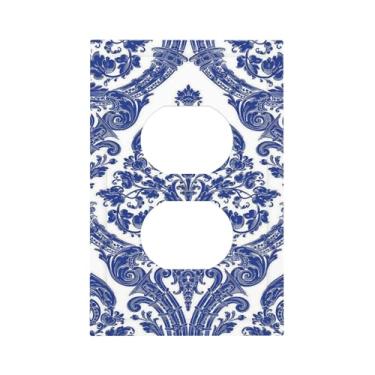 Imagem de Nadoabtm Capas de tomada clássico barroco azul e branco ornamentado padrão floral 1 gangue frente e verso capas de placa decorativa para tomada elétrica placa de cobertura de interruptor de luz para