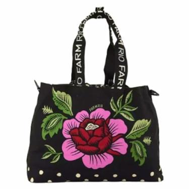 Imagem de Bolsa de Praia com Estampada, Poliéster, 40x28x16 cm, com Alças Ajustáveis e Bolsos Internos, Farm Original Feminina Transversal (Preto com flor rosa e passaro)