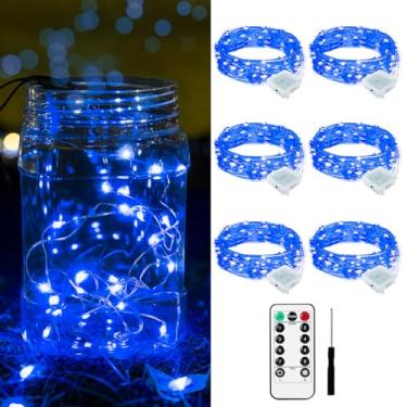 Imagem de Yooumoga Pacote com 6 luzes de fadas alimentadas por bateria com controle remoto e temporizador, 8 modos de iluminação, mini luzes de 20 LEDs para potes de pedreiro, árvores de Natal, festas e