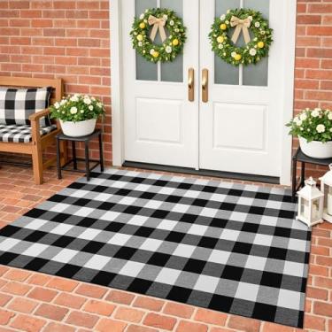 Imagem de Tapete xadrez de búfalo de algodão | 119 cm x 188 cm | Tapete xadrez de búfalo de 1,2 m x 1,8 m, tapete lavável à mão para tapetes de porta em camadas, varanda/cozinha/fazenda/entrada