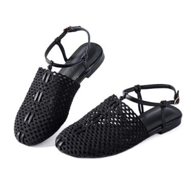 Imagem de Mtzyoa Sandálias femininas de crochê, bico fechado, tira no tornozelo com fivela, sapatos rasos de verão, preto e creme, Preto, 35