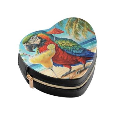 Imagem de Burbuja Caixa de joias em forma de coração Papagaio na praia, mini estojo de joias de viagem para mulheres e meninas, organizador portátil de armazenamento para brincos, anéis, colares e pulseiras
