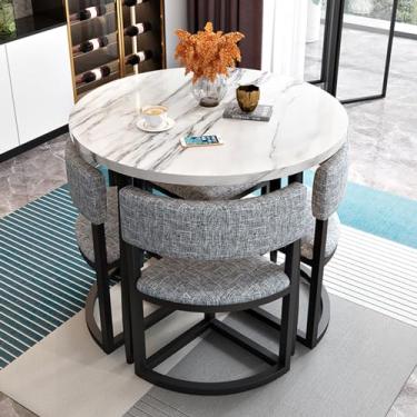 Imagem de Combinação de mesa e cadeira de clube de recepção de escritório, mesa de jantar redonda simples, mesa de jantar redonda, mesa de conferência pequena e conjunto de cadeiras (cor: B cinza claro)