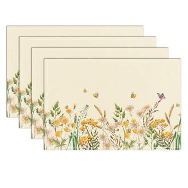 Imagem de Jogo americano floral aquarela de flores silvestres e abelhas, 30,5 x 45,7 cm, jogo americano fofo, conjunto de 4 tapetes de mesa para festa, cozinha, sala de jantar, decoração - 17