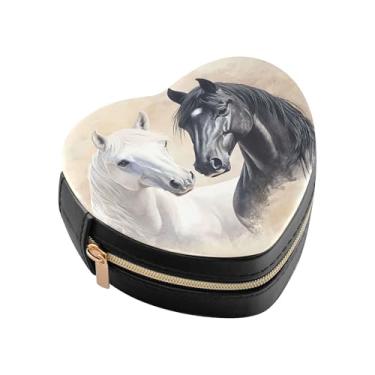 Imagem de Burbuja Caixa de joias em forma de coração de cavalo preto branco mini estojo de joias de viagem para mulheres e meninas, estojo portátil organizador de armazenamento para brincos, anéis, colares e