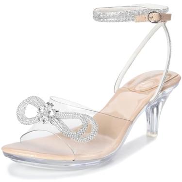 Imagem de NBUUNBU Salto feminino transparente com tiras e laço de strass - Sandálias plataforma com tira no tornozelo com salto alto transparente - Sexy Crystal Slingback Stiletto bico aberto sapatos