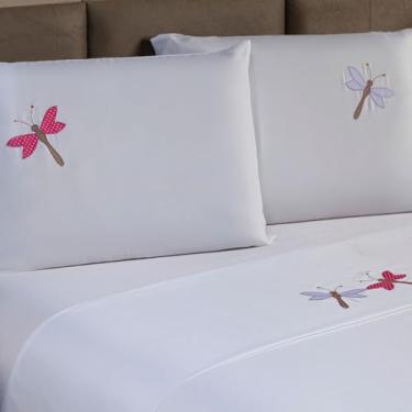 Imagem de Kit 4 Peças Jogo Lençol e Fronhas Padrão Casal Completo Elástico Confortável Resistente Acabamento Fino Branco na Cor Bordado