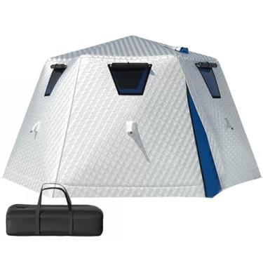 Imagem de Capa de chuva para barraca de pesca no gelo hexagonal | Abrigo isolado para pesca no gelo com macaco de fogão, 2 portas e 4 janelas, equipamento de pesca de inverno de algodão engrossado