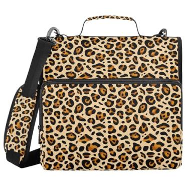 Imagem de SEHANY Fichário de zíper com estampa de leopardo com alça de ombro, capacidade para 500 folhas, vários bolsos, fichário com 3 anéis com zíper de 3 cm