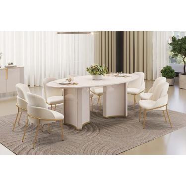 Imagem de Conjunto: Mesa Sala Jantar Liz c/ Tampo Madeirado c/ Vidro Oval 218x108cm e 8 Cadeiras Vitta Off White - Boucle Perola - DJ Móveis