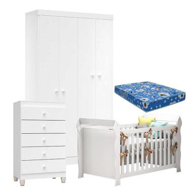Imagem de Quarto De Bebê 4 Portas Com Gaveteiro Ternura Baby E Berço Lara Branco Brilho Com Colchão