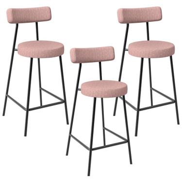 Imagem de Kit 03 Banquetas Baixa Bar Cozinha Sala De Jantar Aço Milão L02 Linho Rosa - Lyam Decor