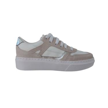 Imagem de  Tênis Casual Feminino Branco Recortes Prata Couro Flatform