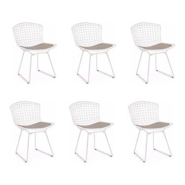 Imagem de Kit 6 Cadeiras Bertoia Branca Com Assento Bege