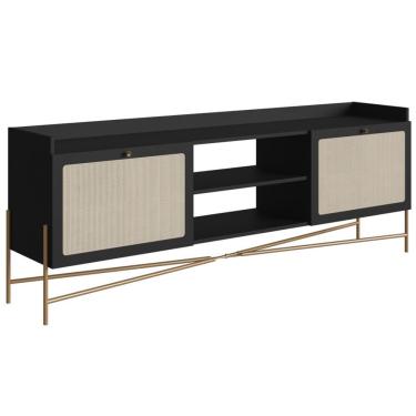 Imagem de Rack Oslo 183CM MDP com 2 Portas Basculantes e Pés Metálicos Preto Minimalista Fosco para Sala de Estar