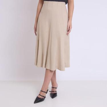 Imagem de Saia Midi Linho Evasê Recortes Miss Joy 8492 Bege Feminino Cor:BegeTam
