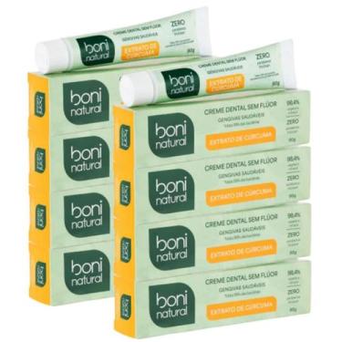 Imagem de Kit 8 Creme Dental Boni Natural Sem Fluor Curcuma Hortela Antisseptico
